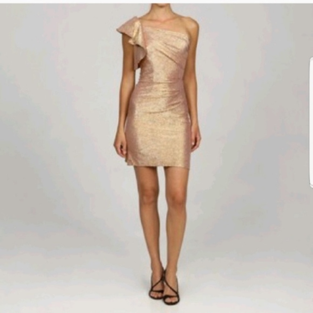 Adrianna Papell One Shoulder Gold Ruffle Dress